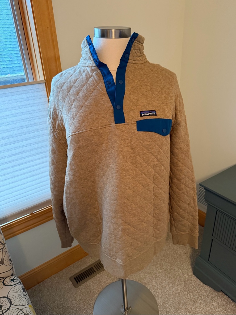 Patagonia Men’s Quilted Snap-Up Sweater - Tan with Blue Accents